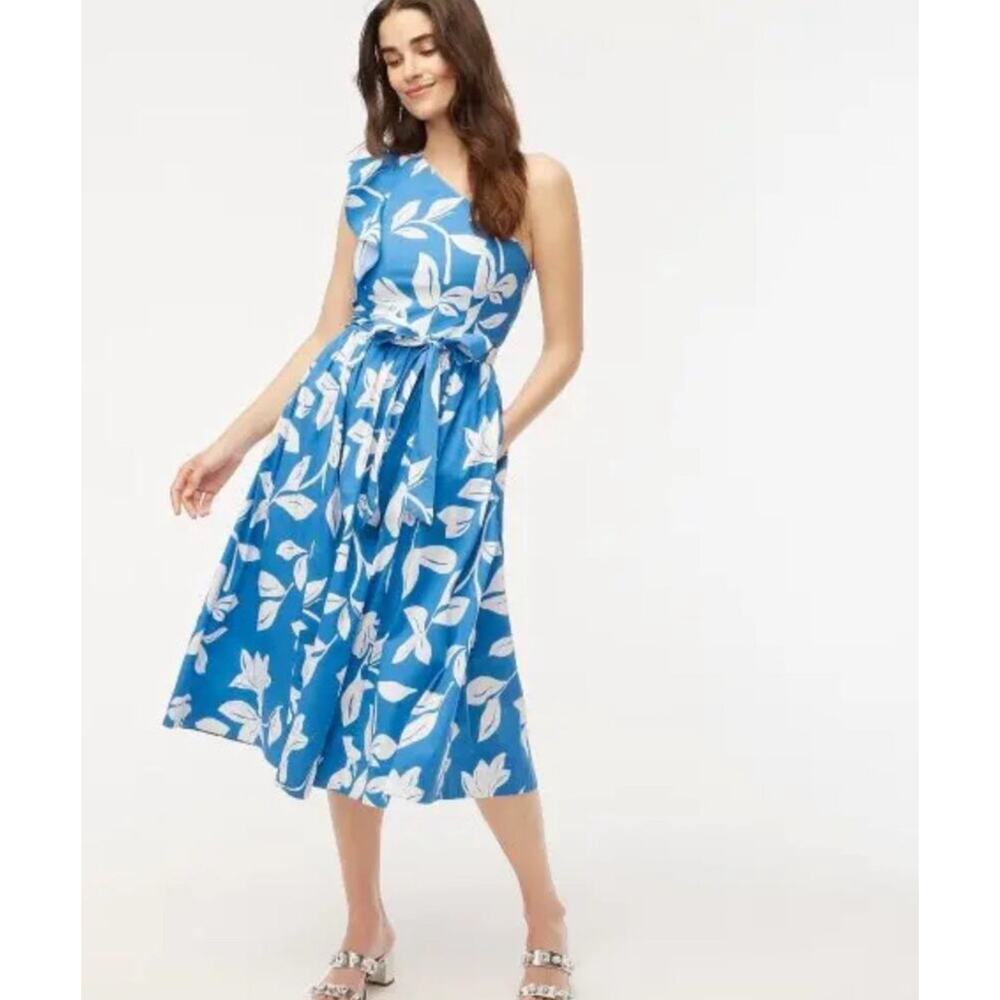 NWT J.Crew One-shoulder Midi Dress Tropical Floral Print Blue Size 4